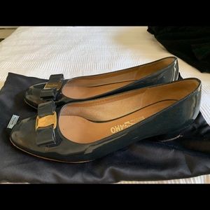 Navy blue patent Ferragamo, width B